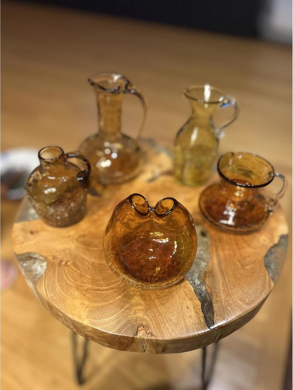 Set of 5 Amber Crackle Blenco Glass  Pitchers and Vase